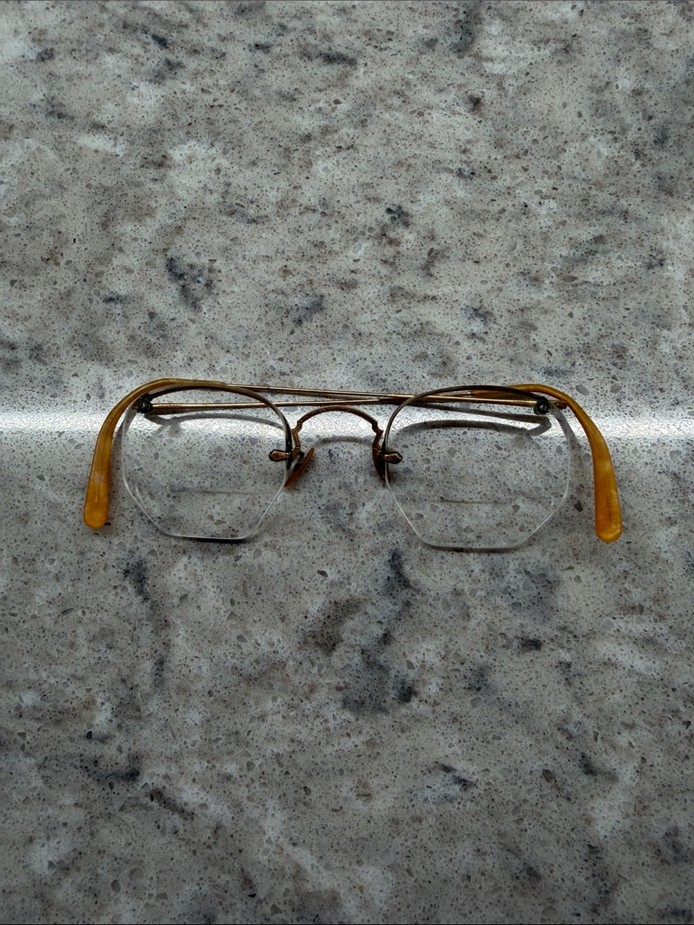 Antique Semi-Rimless Eyeglasses in Amber and Gold